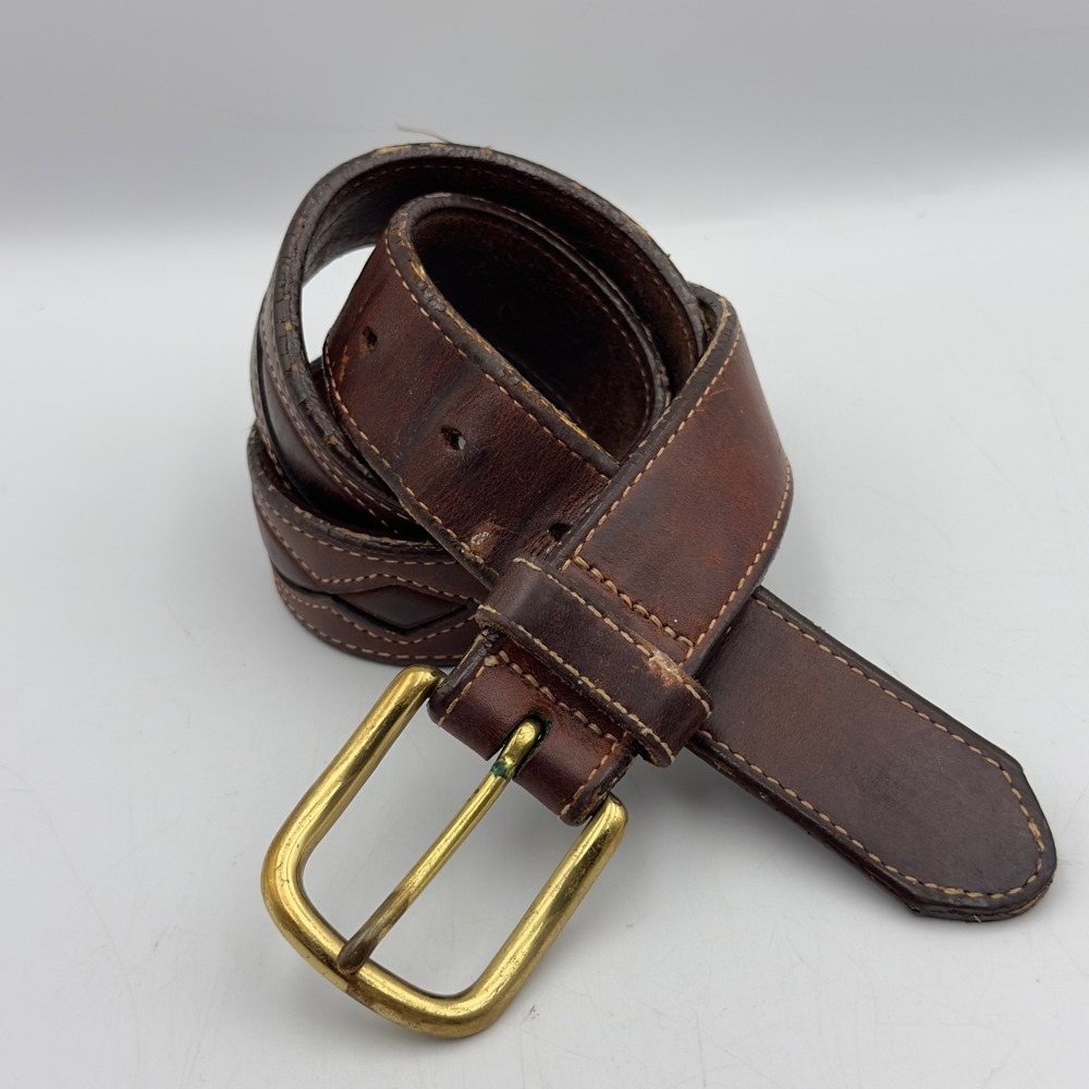LL Bean Belt Brown Leather Raised Diamond Stitched Vintage Size 30 Brass Buckle